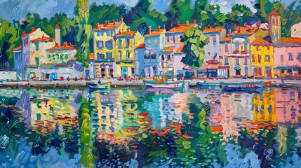 Colorful impressionistic painting of a scenic European waterfront town, ideal for summer and cultural events