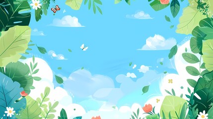 Tranquil nature scene with lush foliage and fluttering butterflies under a clear blue sky