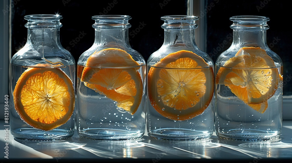 Poster a trio of transparent bottles containing halved orange slices submerged within