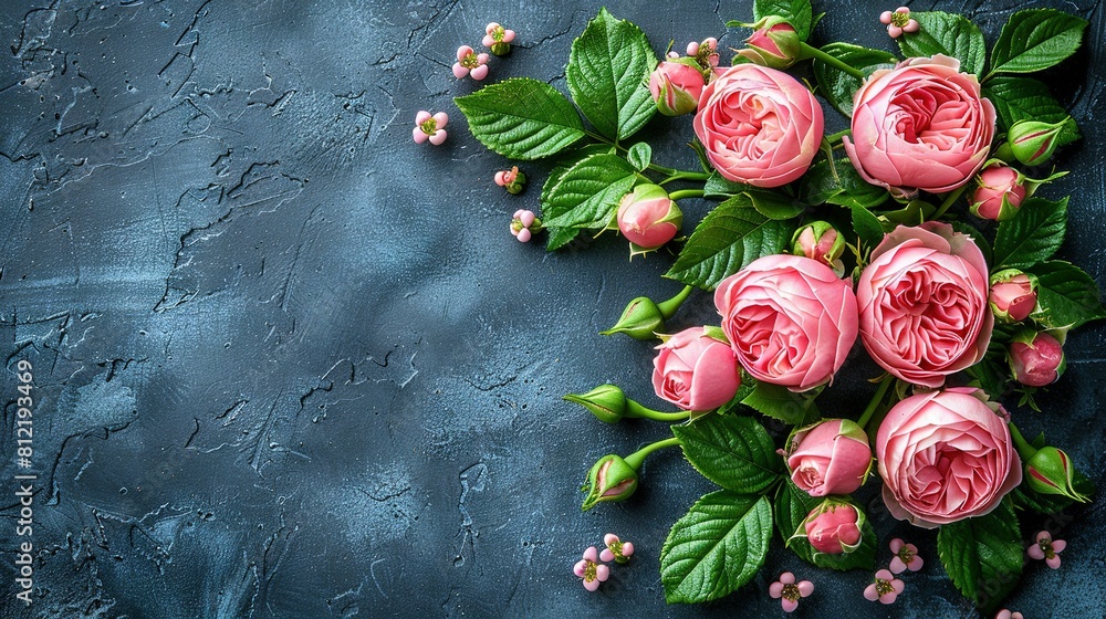 Poster a collection of pink roses adorned with green foliage on a blue canvas with space to include additio