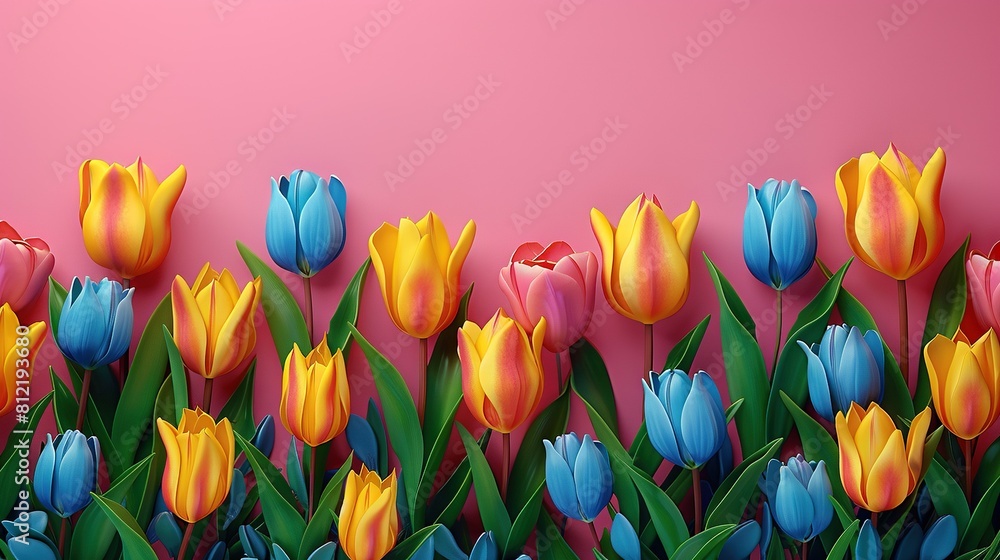 Poster a vivid array of tulips against a blush backdrop featuring a pink wall in the background and a simil