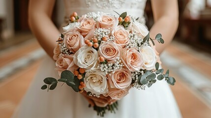   A bride with a close-up bouquet of roses and baby's breath on her wedding day - Powered by Adobe