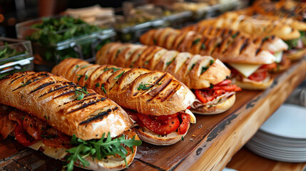 An array of freshly grilled panini sandwiches on a wooden serving board, each stuffed with a variety of ingredients like grilled vegetables, meats, and fresh greens, showcased in a vibrant buffet sett - Powered by Adobe