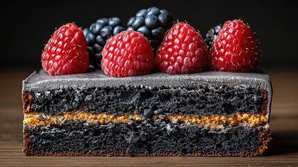   A chocolate cake topped with fresh raspberries and blueberries sits on a wooden table, inviting...