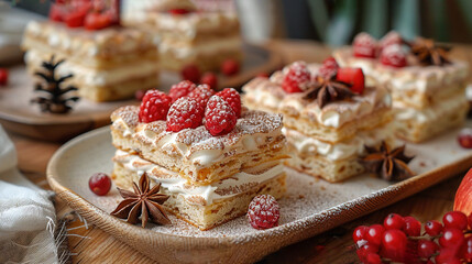  A plate of desserts sprinkled with powdered sugar and topped with raspberries and star anise