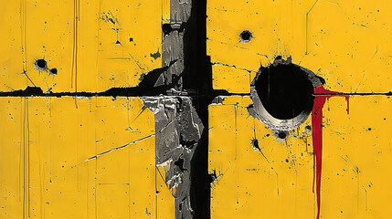   A high-resolution image of a close-up of a yellow wall with a circular hole in its center, surrounded by a black hole