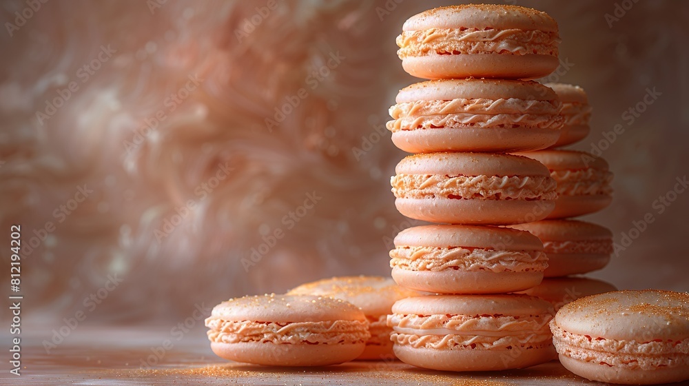 Aufkleber a wood table holds a stack of colorful macaroons background is hazy
