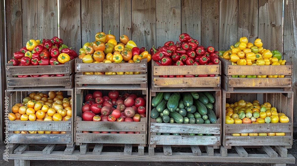Poster a stack of wooden boxes brimming with an array of fruits and vegetables