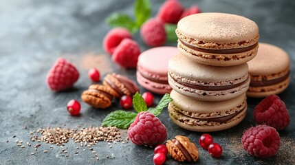   A plate of macaroons resting on a table alongside raspberries and a cup of coffee