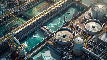 Fototapeta premium Complex water treatment facility in sunlight, representing industrial might and environmental engineering