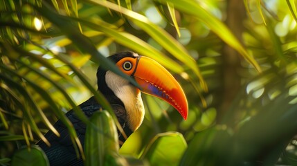 Obraz premium Toucan perched on tree, colorful beak and plumage, vibrant tropical bird. Exotic wildlife in lush rainforest, seen in Amazon jungle. Ornithology showcase, vivid nature and fauna,.