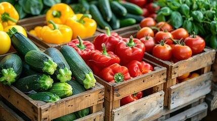   A variety of vegetables are arranged in wooden crates on a market stand, showcasing zucchini, tomatoes, peppers, and broccoli