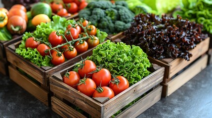   A box of diverse fruits and vegetables, arranged neatly on a table