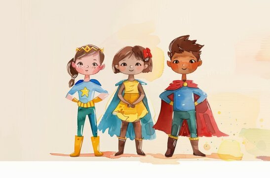 Three children dressed as superheroes