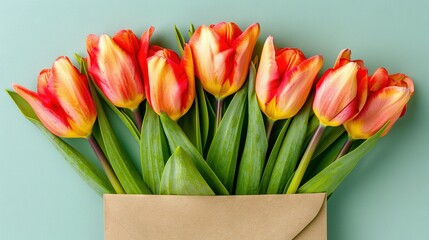   Red and yellow tulips in a brown paper bag on a blue background with an attached brown envelope