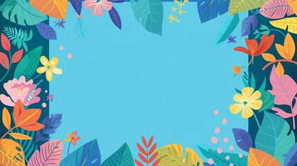 Tropical leaf border with a serene blue background