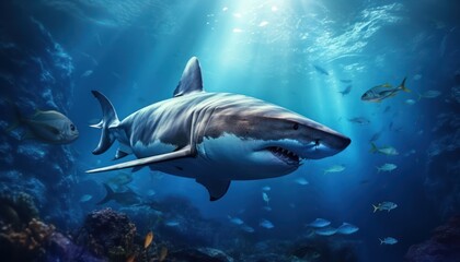 The great White Shark in the ocean, portrait of White shark hunting prey in the underwater