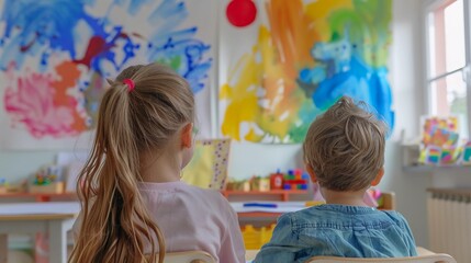 Back view. A little girl and a little boy sit in a bright classroom, looking at the colorful children's graffiti wall on the classroom wall.
