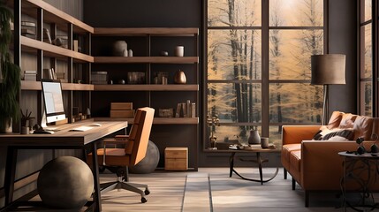 Formulate an inviting, earth-toned home office with natural wood and soothing color palettes