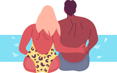 Interracial couple sitting in swimwear on a beach. Man and woman enjoying summer. Blonde female and brunette male.