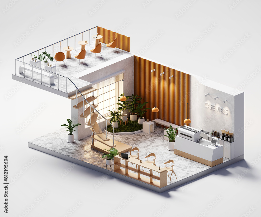 Poster isometric room minimal cafe store open inside interior architecture 3d rendering