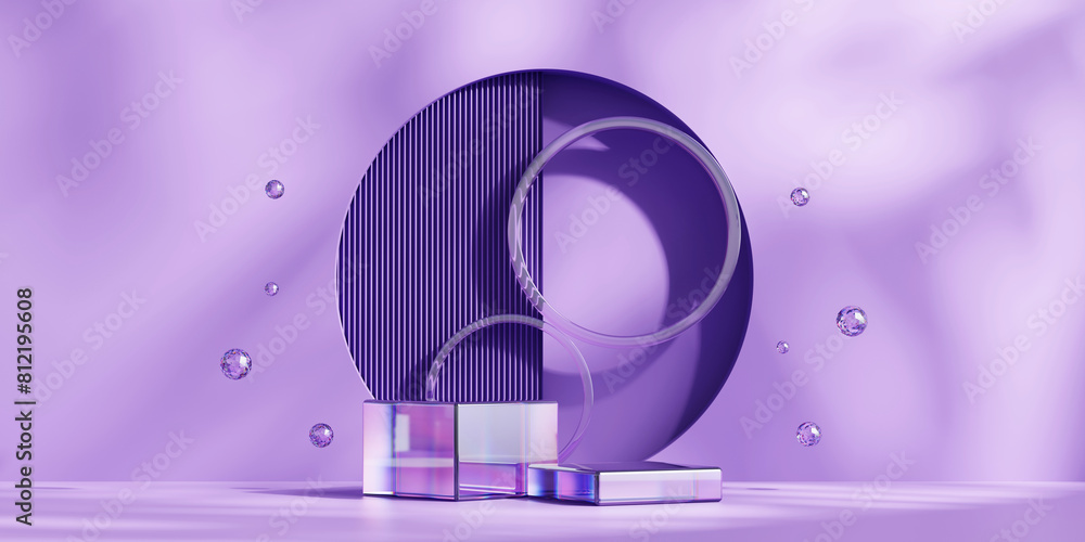 Poster violet stage platform with neon light for product display 3d rendering