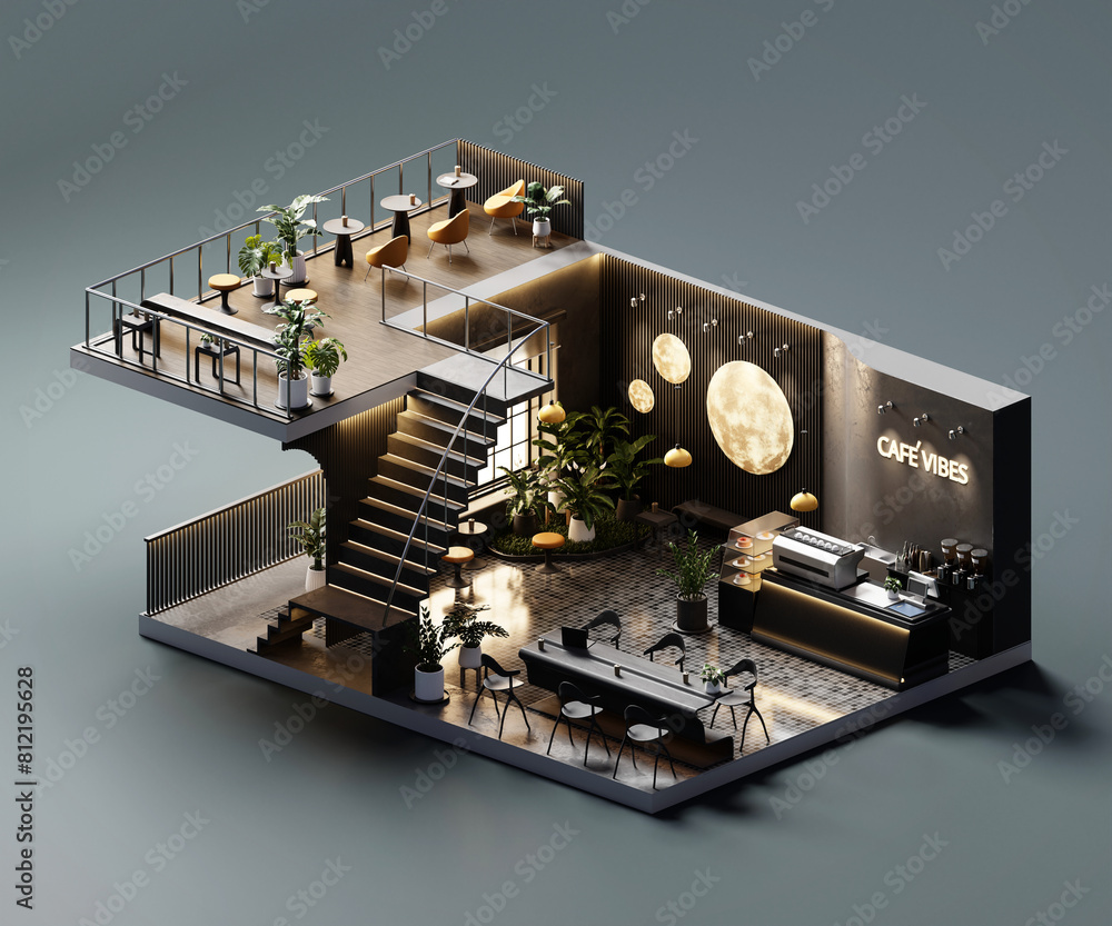 Poster isometric room minimal cafe store open inside interior architecture 3d rendering