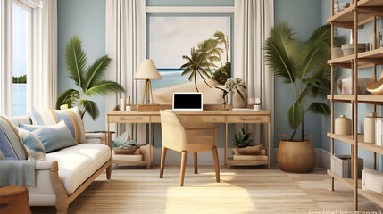 Obraz premium Imagine a coastal bohemian home office with natural fibers and beachy, laid-back vibes