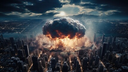 big explosion in the city. panorama of the urban landscape. nuclear explosion, mushroom. war and destruction, disasters