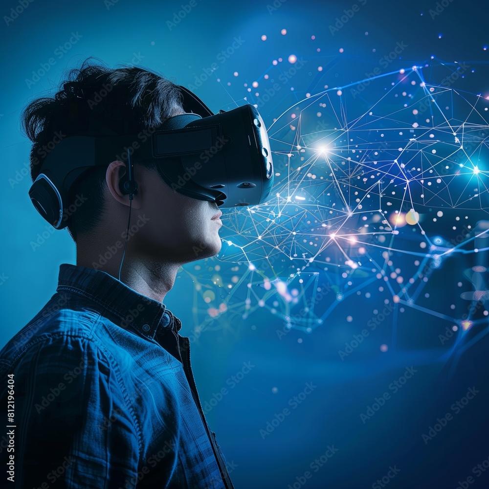 Poster businessman in vr headset, engaging with futuristic technology. concept of innovation and virtual re