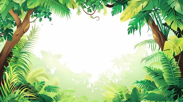 Lush jungle frame with a playful monkey swinging among the trees