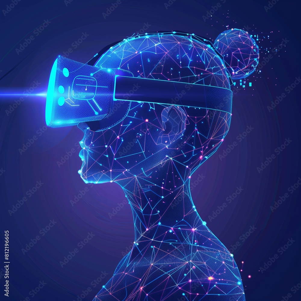 Poster Man in virtual reality headset, interfacing with AI and digital networks. Futuristic concept of cyber technology, artificial intelligence, and innovative data visualization in tech.