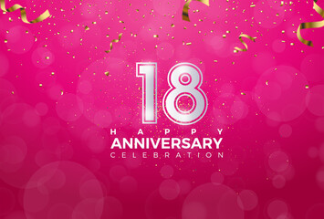 18th Anniversary celebration, 18 Anniversary celebration, Realistic 3d sign, stars, Pink background, festive illustration, Silver number 18 sparkling confetti, 18,19
