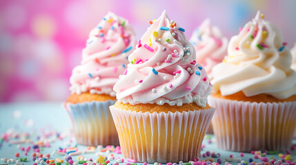 Colorful Cupcakes  Pink and Blue Frosting with Sprinkles on Pastel Background