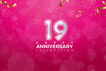 19th Anniversary celebration, 19 Anniversary celebration, Realistic 3d sign, stars, Pink background, festive illustration, Silver number 19 sparkling confetti, 19,20