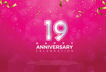 19th Anniversary celebration, 19 Anniversary celebration, Realistic 3d sign, stars, Pink background, festive illustration, Silver number 19 sparkling confetti, 19,20