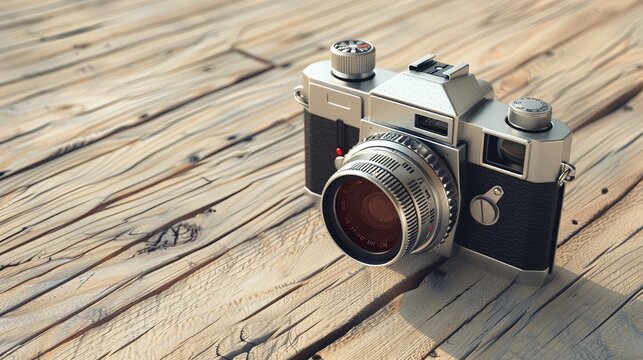 a compelling 3D illustration of a retro-looking digital camera isolated on a wooden background with copy space.