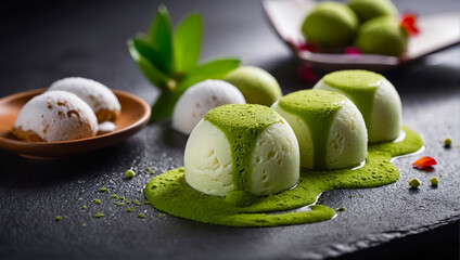 Mochi beautiful matcha ice cream in a cafe japanese