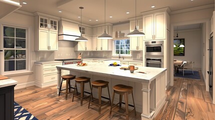 a detailed and realistic 3D rendering of a kitchen with construction details, showcasing the design and layout of the space effectively.