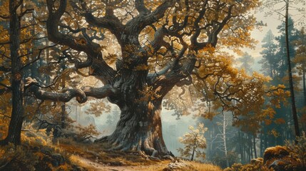 Enchanted ancient oak in a mystical forest, perfect for fantasy-themed events