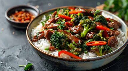 A closeup of Beef and broccoli stir fry with jasmine rice, Fresh food serving