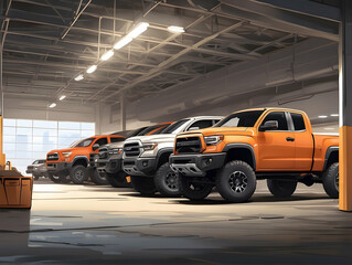 Row of modern pickup trucks in showroom