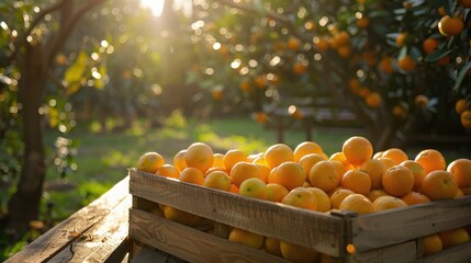Wooden boxes filled with oranges or tangerines on the background of an orchard.