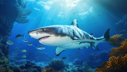 Fototapeta premium The great White Shark in the ocean, portrait of White shark hunting prey in the underwater