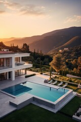 Fototapeta premium Luxury villa aerial view. A natural landscape with a building on a hill with a swimming pool overlooking the sunset, surrounded by sky, mountains, clouds, and light