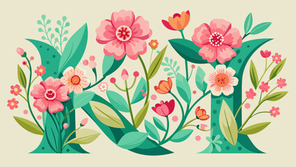 floral font with spring pink flowers romantic cartoon vector illustration