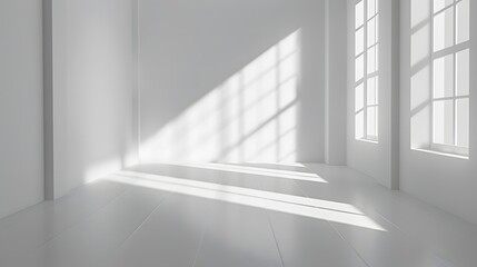 Obraz premium Minimalist white room with sunlight streaming through windows