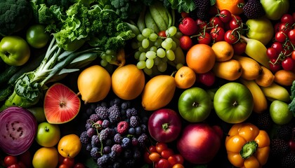 Vibrant close-up of a healthy mix of fruits and vegetables, emphasizing the variety of natures palette