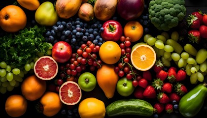 Vibrant close-up of a healthy mix of fruits and vegetables, emphasizing the variety of natures palette