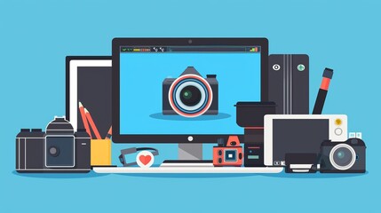 "Capture the essence of creativity with our flat design featuring essential photographer gear set against a vibrant blue backdrop. This illustration showcases a modern computer displaying photography 